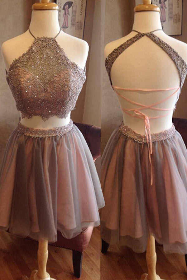 Halter Backless Sleeveless Homecoming Dresses Two Pieces A Line Brielle Straps Tulle Pleated
