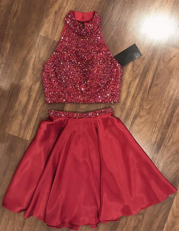 Halter Sleeveless Red Beading Alisha Homecoming Dresses Two Pieces Satin A Line Pleated Short