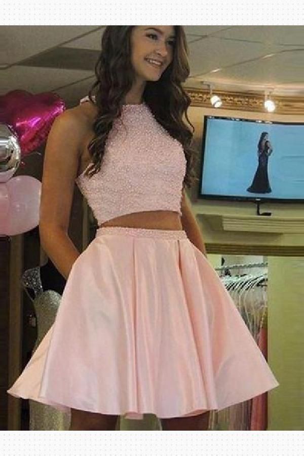 Halter Jewel Sleeveless Pink Homecoming Dresses Satin Two Pieces Cherish A Line Pleated