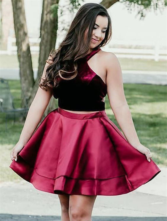 Halter Satin Homecoming Dresses Judy Two Pieces Sleeveless Burgundy Pleated Short