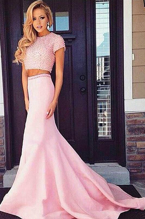 Pink Two Piece Trumpet Sweep Train Short Sleeve Beading Prom Dresses