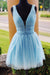 Sparkly Beading Sky Blue Short Prom Dresses Sequins Homecoming Dresses
