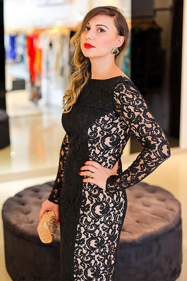 Sexy Black Mermaid Lace Long Sleeve High Neck Floor-Length Backless Plus Size Prom Dresses JS222